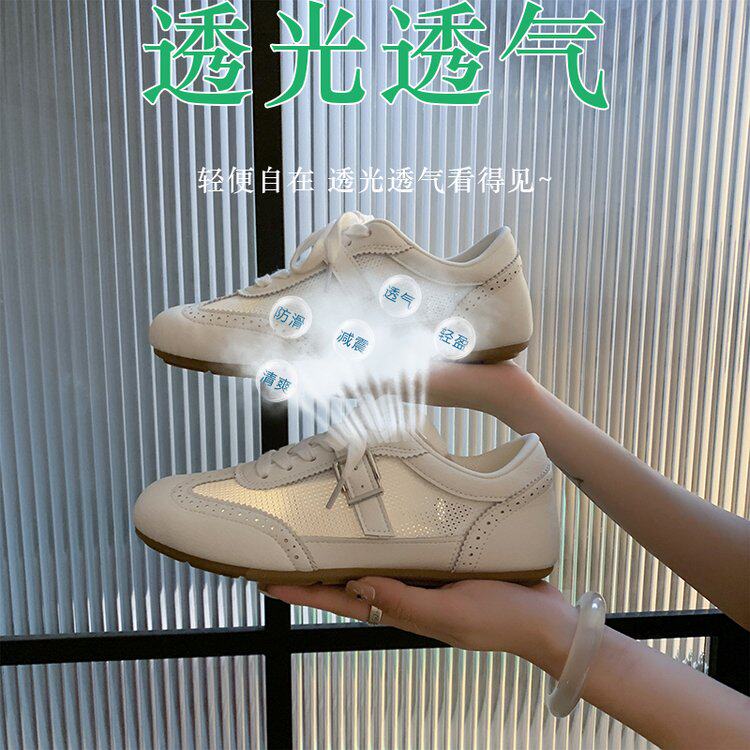 网面德训鞋女夏透气复古休闲皮带扣百搭平底阿甘轻便软底小白鞋女