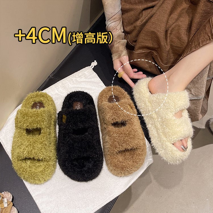 魔术贴毛绒拖鞋女秋冬外穿厚底增高居家防滑蓬松泰迪毛毛一字拖女