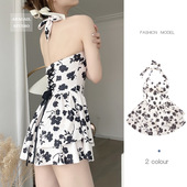 成人2026新款 高级感连体泳衣女平角保守学生少女绑带挂脖高腰遮肚