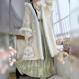 墨染幽阙原创【晴雪】宋制汉服女对襟连帽加绒长褙子交领褶裙冬款