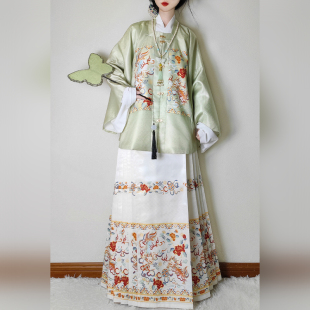 墨染幽阙原创狮狮如意明制女汉服方领补服短袄半袖马面裙秋冬新款