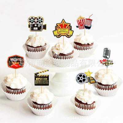 烫金爆米花放映机麦克风蛋糕插牌