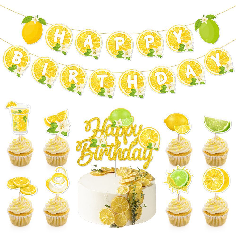 夏日柠檬水果主题生日派对装饰套装 lemon生日蛋糕插牌 生日拉旗