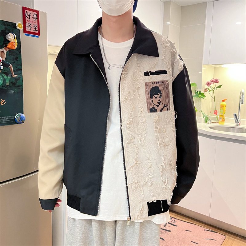 港风秋款男夹克流苏拼色人物字母印花条纹休闲外套8803P75,男装夹克,电商A113-2