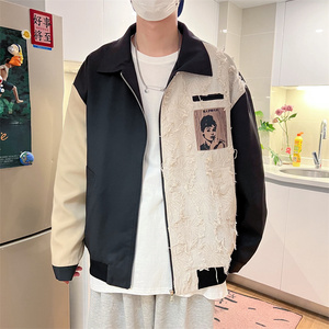 港风秋款男夹克流苏拼色人物字母印花条纹休闲外套8803 P75图片