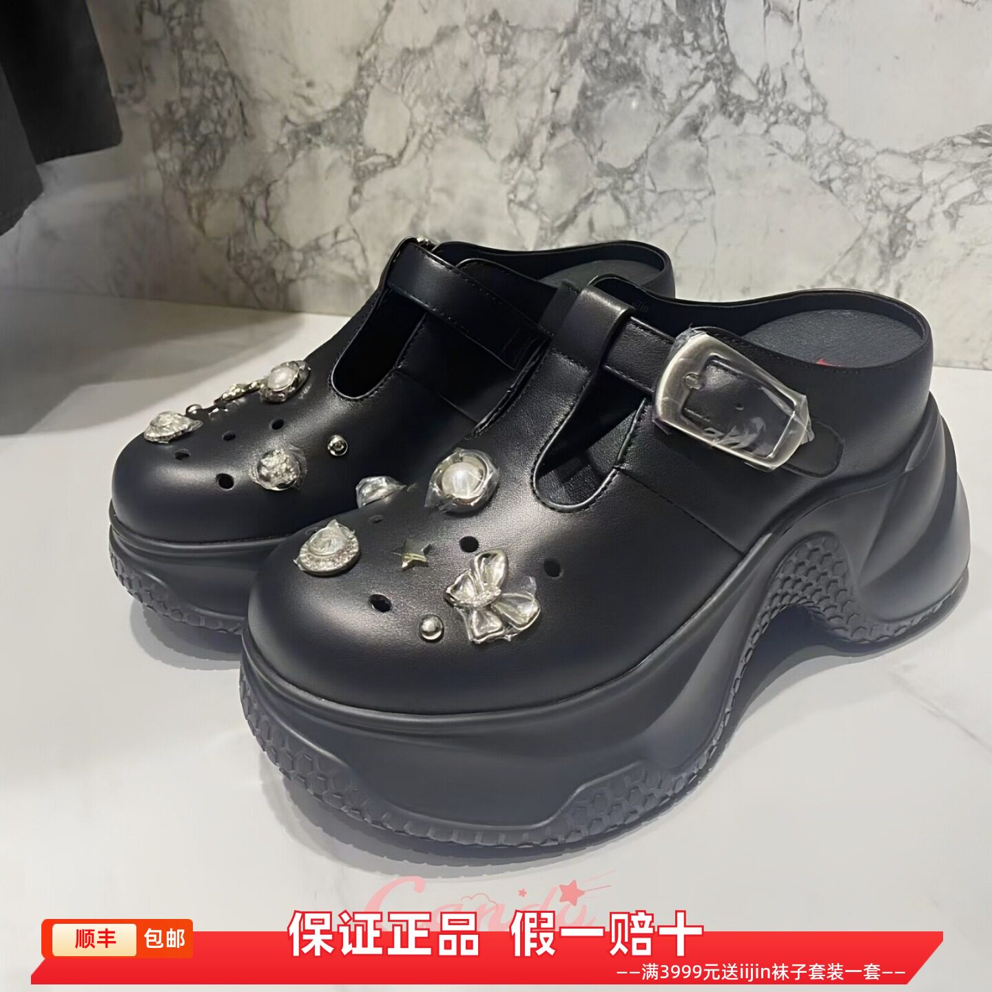 香港代购iijin艾今正品超轻真皮搭扣内增高9cm厚底洞洞拖鞋一脚蹬
