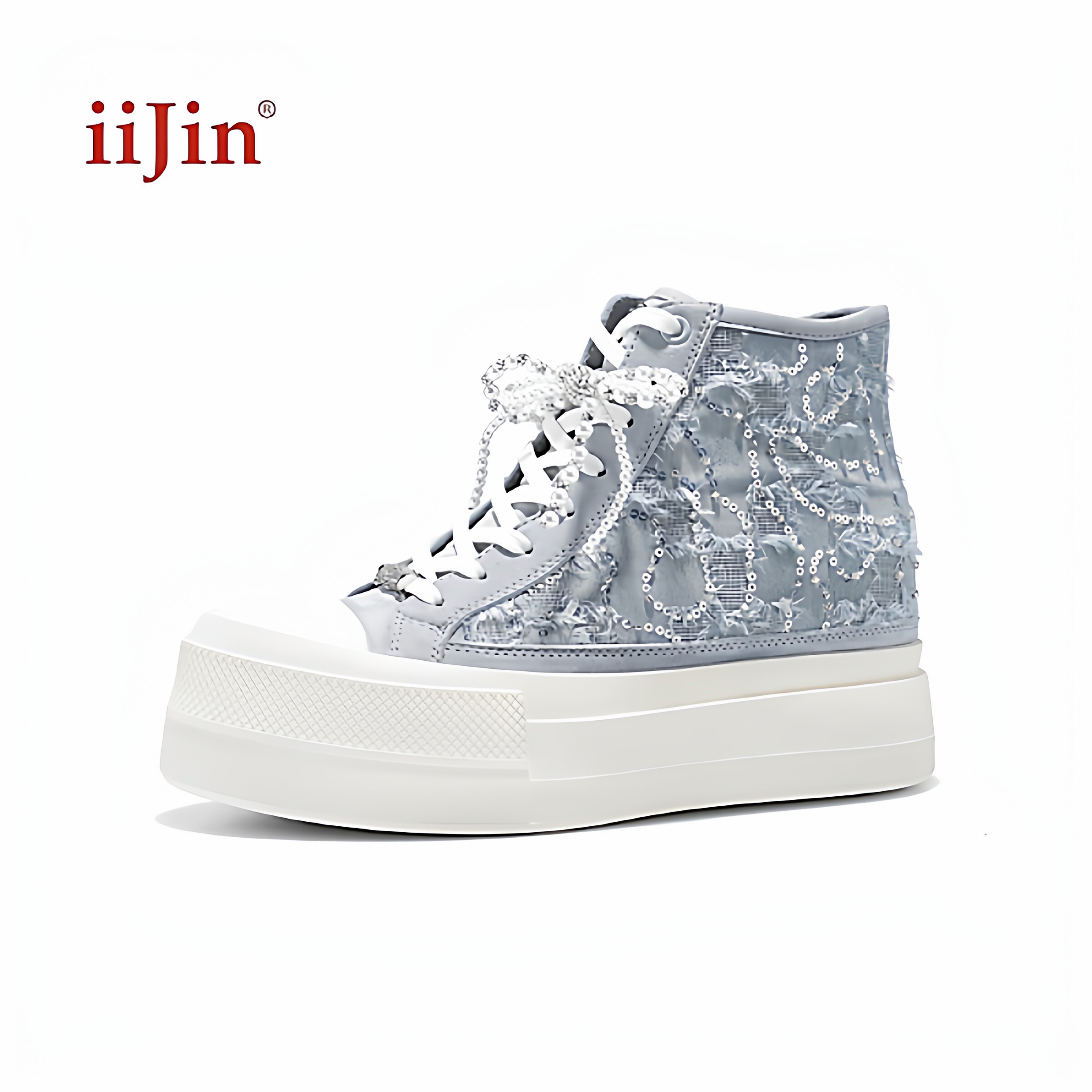 香港代购iijin艾今正品超轻真皮亮片蝴蝶结内增高8.5cm厚底高帮鞋