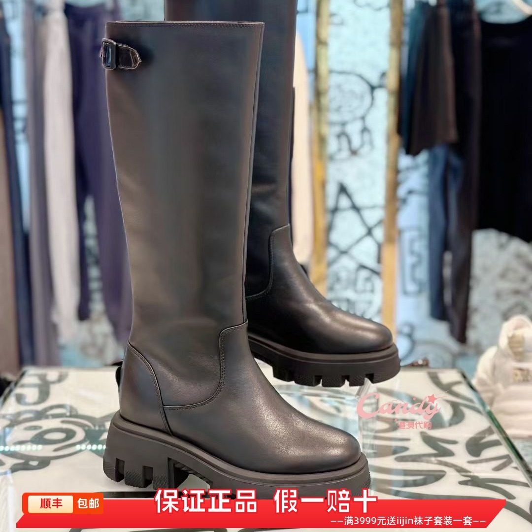 香港代购iijin艾今正品超轻真皮搭扣内增高9cm厚底长靴高筒骑士靴