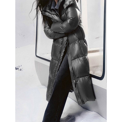 灰色长款过膝羽绒服女25新款冬季加厚90白鸭绒连帽保暖宽松外套
