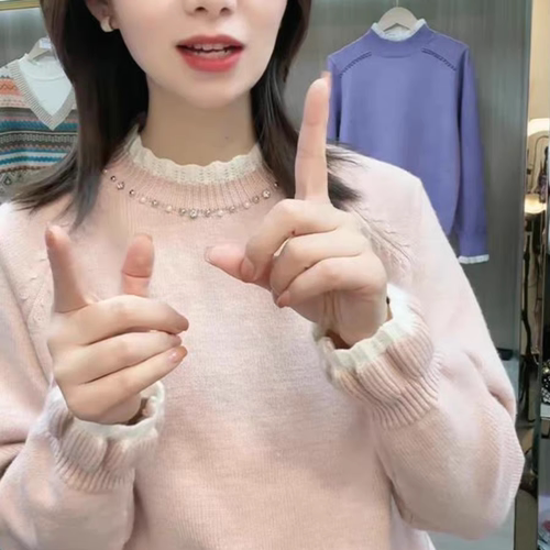 针织上衣甜美花边钉珠毛衣女内搭