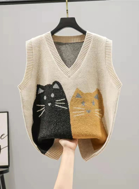 马甲背心针织2025春装新款女士减龄猫咪毛衣马夹洋气V领宽松外穿