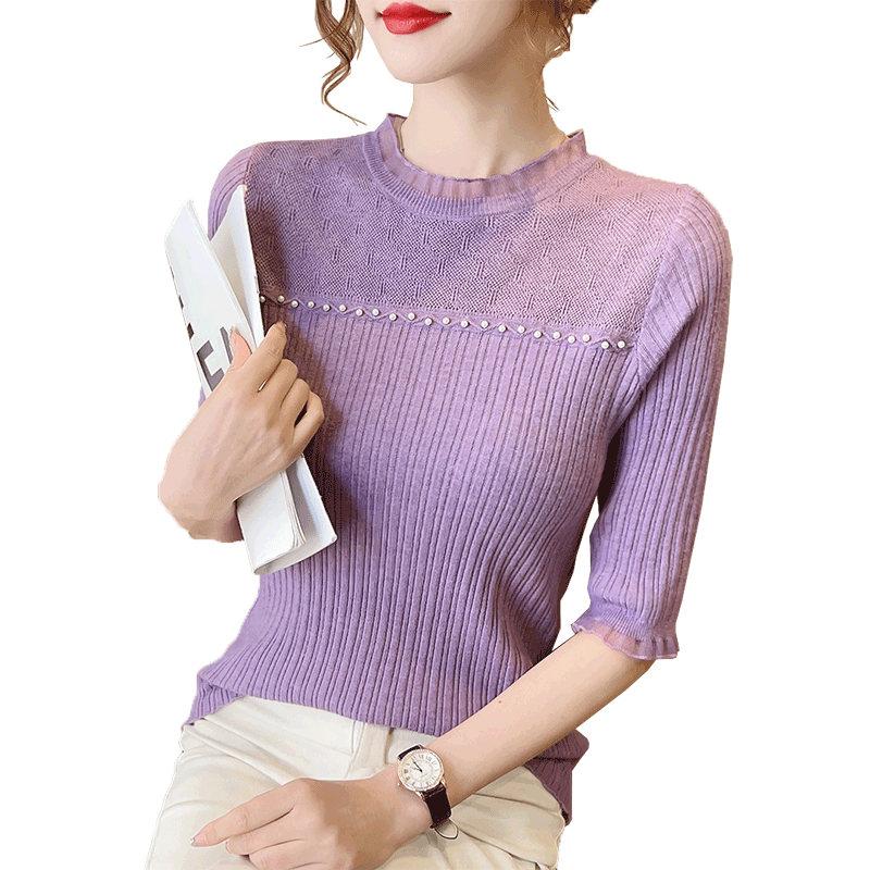 2025春夏新款中袖甜美打底衫女士毛衣圆领薄款蕾丝内搭针织衫上衣