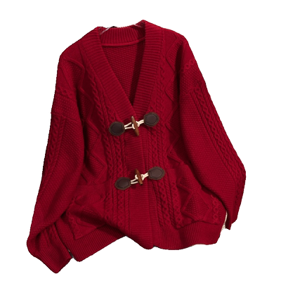 V领牛角扣长袖针织开衫