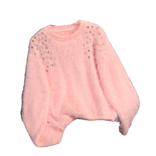 欧货重工镶钻毛茸茸针织衫女洋气内搭秋冬季宽松短款上衣毛衣外套