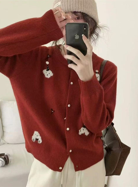 秋冬新款圣诞节红色加厚毛衣外套女宽松韩版慵懒针织开衫外穿上衣