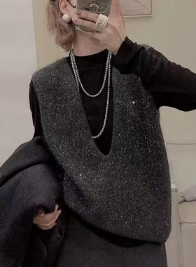 V领重工亮片针织衫马甲中长秋冬新款宽松显瘦无袖叠穿毛衣女背心