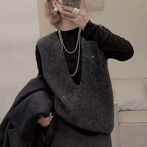 V领慵懒宽松马甲亮片毛衣女背心