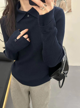 极简翻领纽扣羊毛针织打底衫女上衣秋冬新款长袖百搭显瘦内搭毛衣