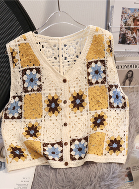 复古拼色格子花朵镂空针织马甲背心女2025夏季v领外搭叠穿开衫薄