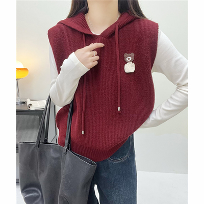 学院风卡通连帽针织背心毛衣马甲