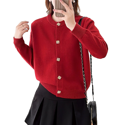 圆领针织衫宝石扣长袖开衫毛衣女