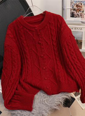 过年红色新年复古麻花开衫毛衣女外套秋冬2023新款韩版针织衫上衣