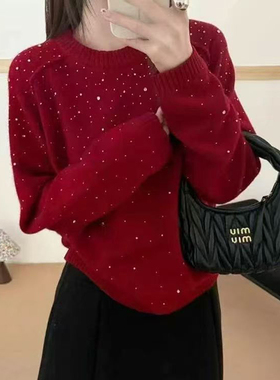 冬季新款温柔韩系风烫钻毛衣女装内搭红色亮闪闪本命年针织打底衫
