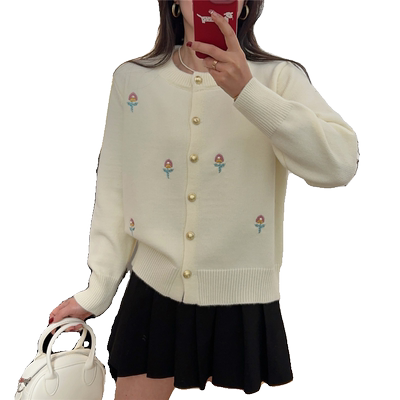 针织单排扣春装小个子绣花开衫