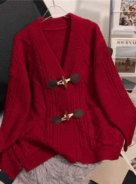 秋冬季2025新款女装针织开衫爆款慵懒风毛衣外套牛角扣长袖上衣潮