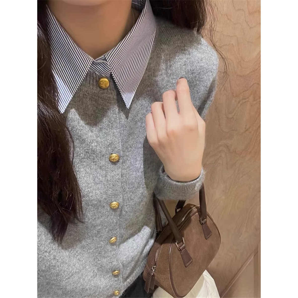 衬衫领假两件休闲针织毛衣女开衫