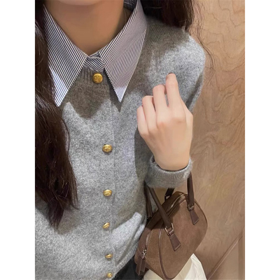 衬衫领假两件休闲针织毛衣女开衫