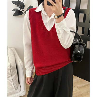 休闲V领纯色百搭针织女马甲背心