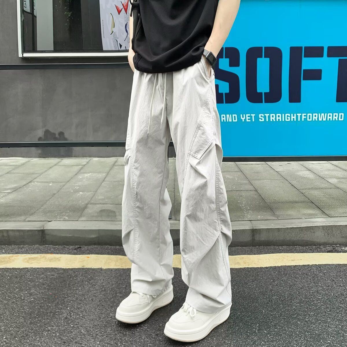 冰丝薄款弯刀褶皱感直筒休闲裤男女夏季少年宽松户外工装速干大码