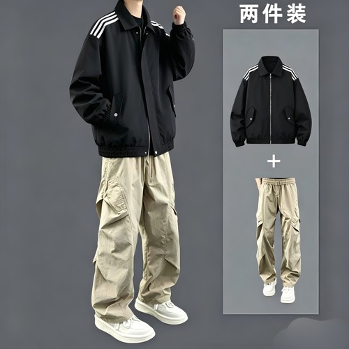 秋季薄款休闲宽松男套装帅气穿搭两件套潮流酷帅学生风衣夹克外套