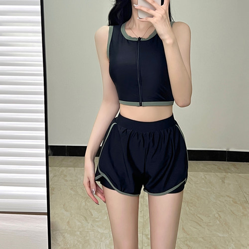 黑色拉链无袖简约高腰平角分体泳衣女夏小胸保守学生运动遮肚冲浪