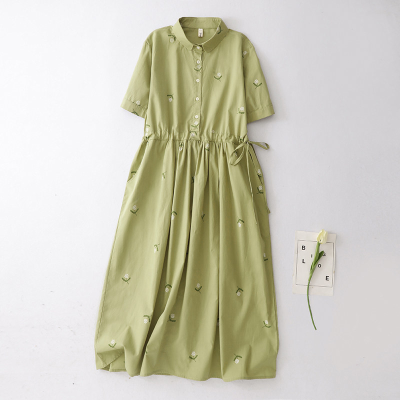 意大利出口品牌捡漏小清新夏天娃娃领半开扣减龄印花侧抽绳衬衫裙