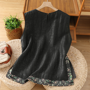 意大利外贸出口国潮小个子休闲黑色撞色印花下摆植卉提花开衩背心