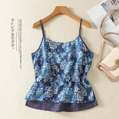 民族风女士蓝色花卉棉麻撞色吊带