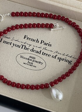 博主bornete同款圣诞节搭配红色串珠项链新年红好运珍珠吊坠颈链