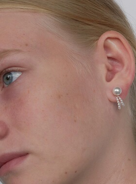 施家正圆珍珠耳钉链条小众时髦百搭气质通勤简约通体s925纯银耳饰