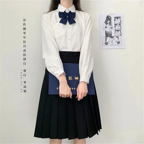 制服衬衣长袖水蓝宽松上衣春秋季衬衫基础款奶白色jk女丸襟jk角襟