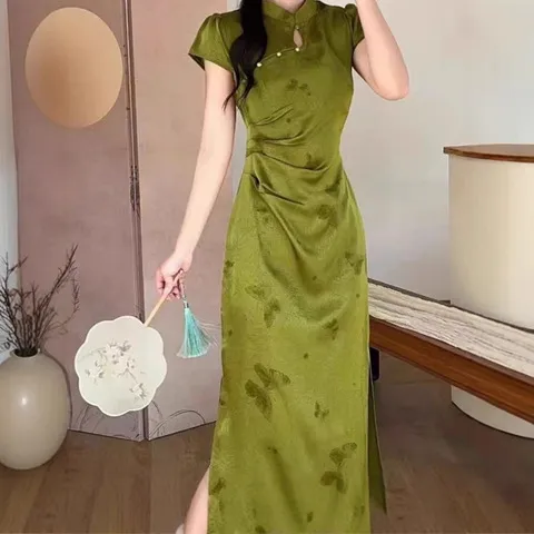 改良连衣裙新中式紫色新款绿色外出黄色印花夏季旗袍蝴蝶日常女