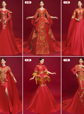 中国风成人模特旗袍秀走秀高端演出服红色拖尾主持人晚礼服女气质
