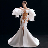 中国风模特时尚 走秀长款 大气主持人礼服女 高档修身 演出服2023新款