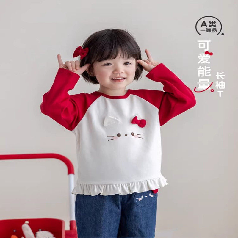 正品春季新款婴幼儿可爱猫咪蝴蝶结撞色有机棉长袖上衣中小童T恤