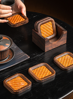 黑檀木中式复古藤编茶杯垫防滑隔热杯托高档杯垫茶托功夫茶道配件