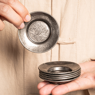 中式仿古银杯垫轻奢合金隔热茶杯托花型茶碟做旧功夫茶具茶桌零配