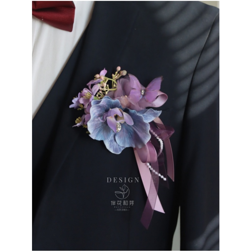 新原创 油画唯美蓝紫蝴蝴兰森系活动结婚胸花新郎伴娘姐妹团手花