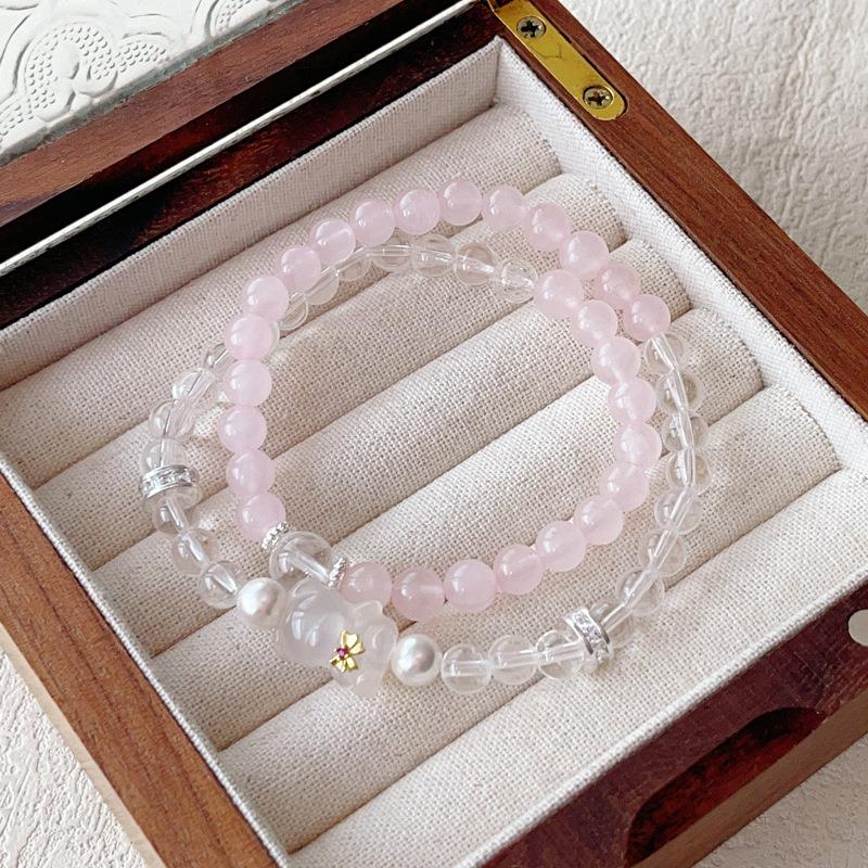 粉水晶白玉髓小熊新款天然白水晶灵手链超仙小清新甜美双圈手串批