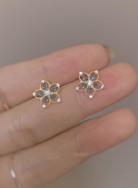 【路边野花】蓝金边兰花镀S925银仿海蓝宝耳钉镂空花朵精致耳环女